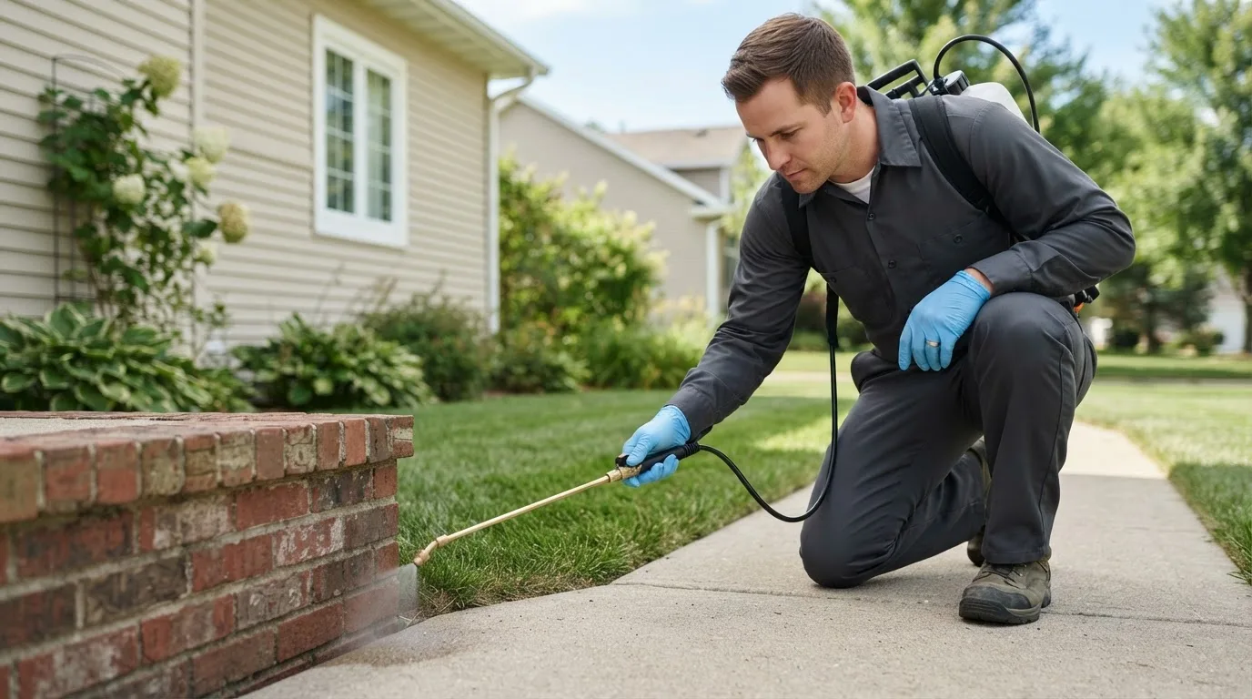 Pest control technician treating a home near Stanton, AL